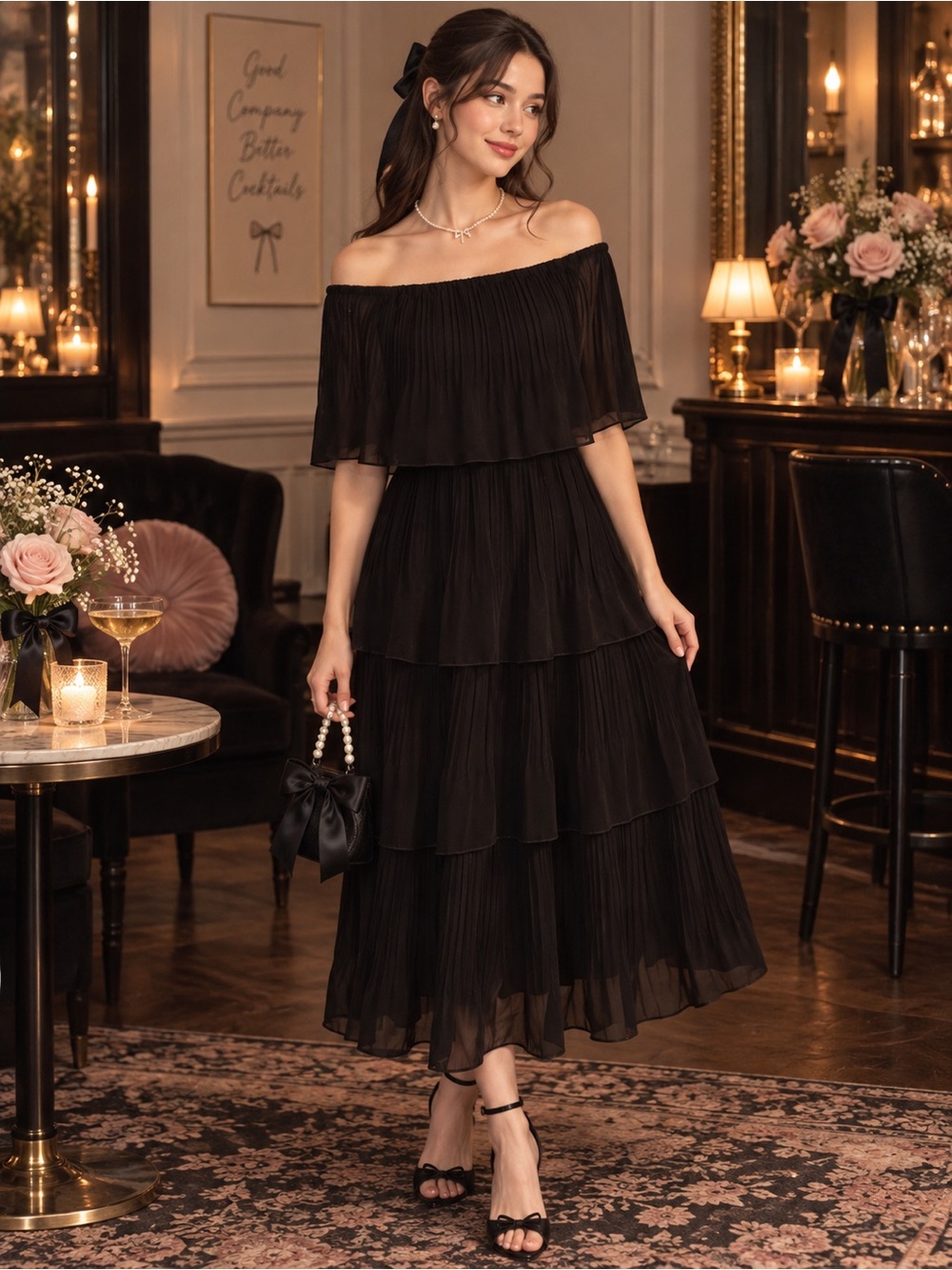 Black Off Shoulder Tiered Pleated Midi Dress | Romantic Lolita